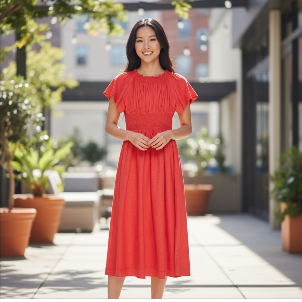 Zara‎ Flowy Flutter Sleeve Linen Blend Midi Knee Length Dress, Coral Red, Size L